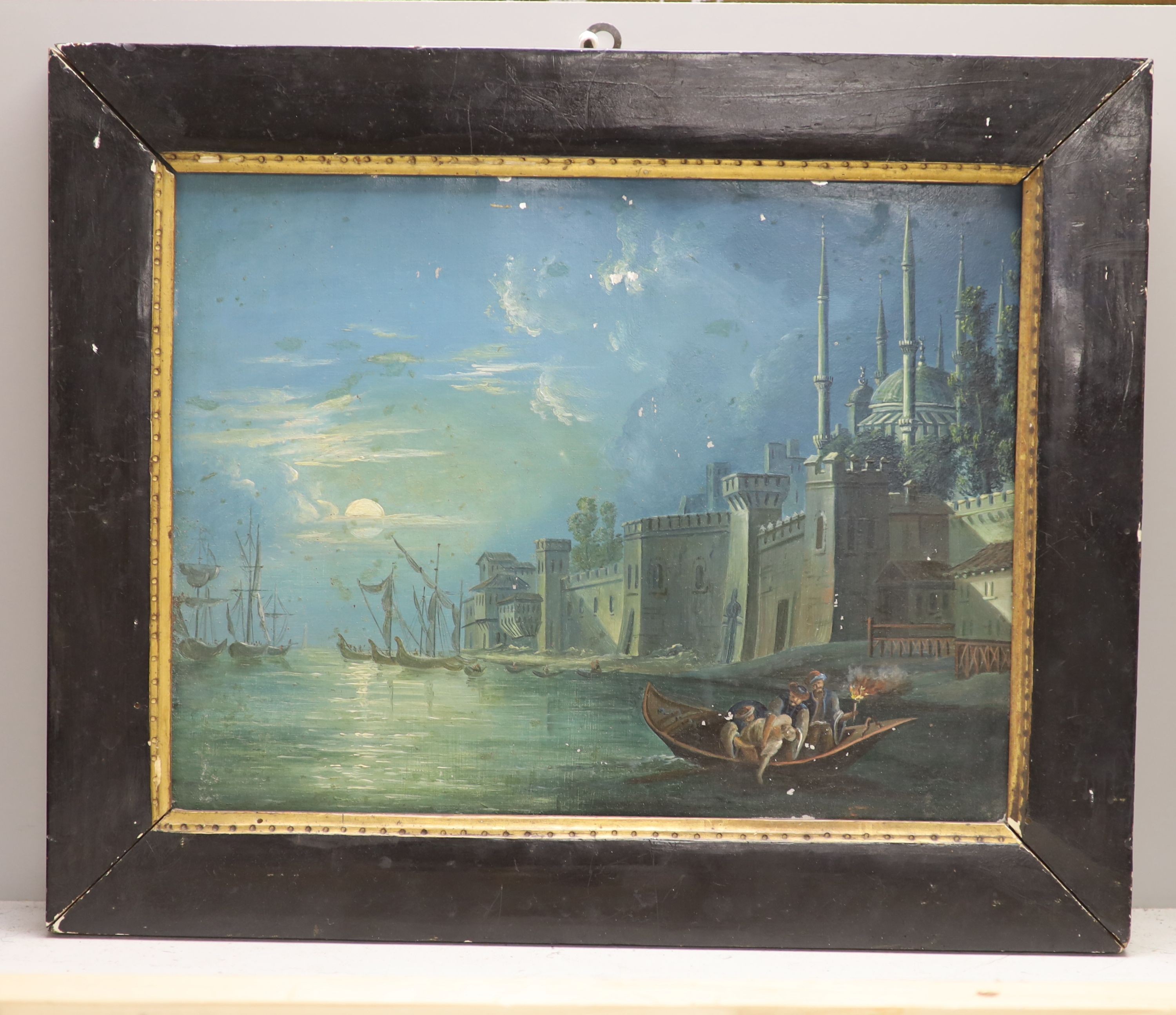 19th century German School, oil on zinc panel, Boatmen on the water, Constantinople, 23 x 30cm